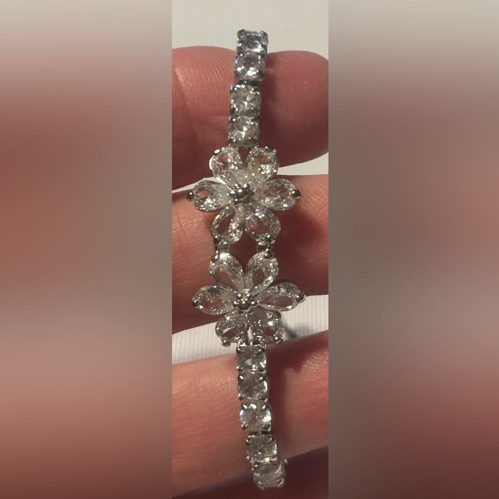 Silver Floral Crystal Slider Bracelet - Sparkling Clear Stones - Picture 2 of 5